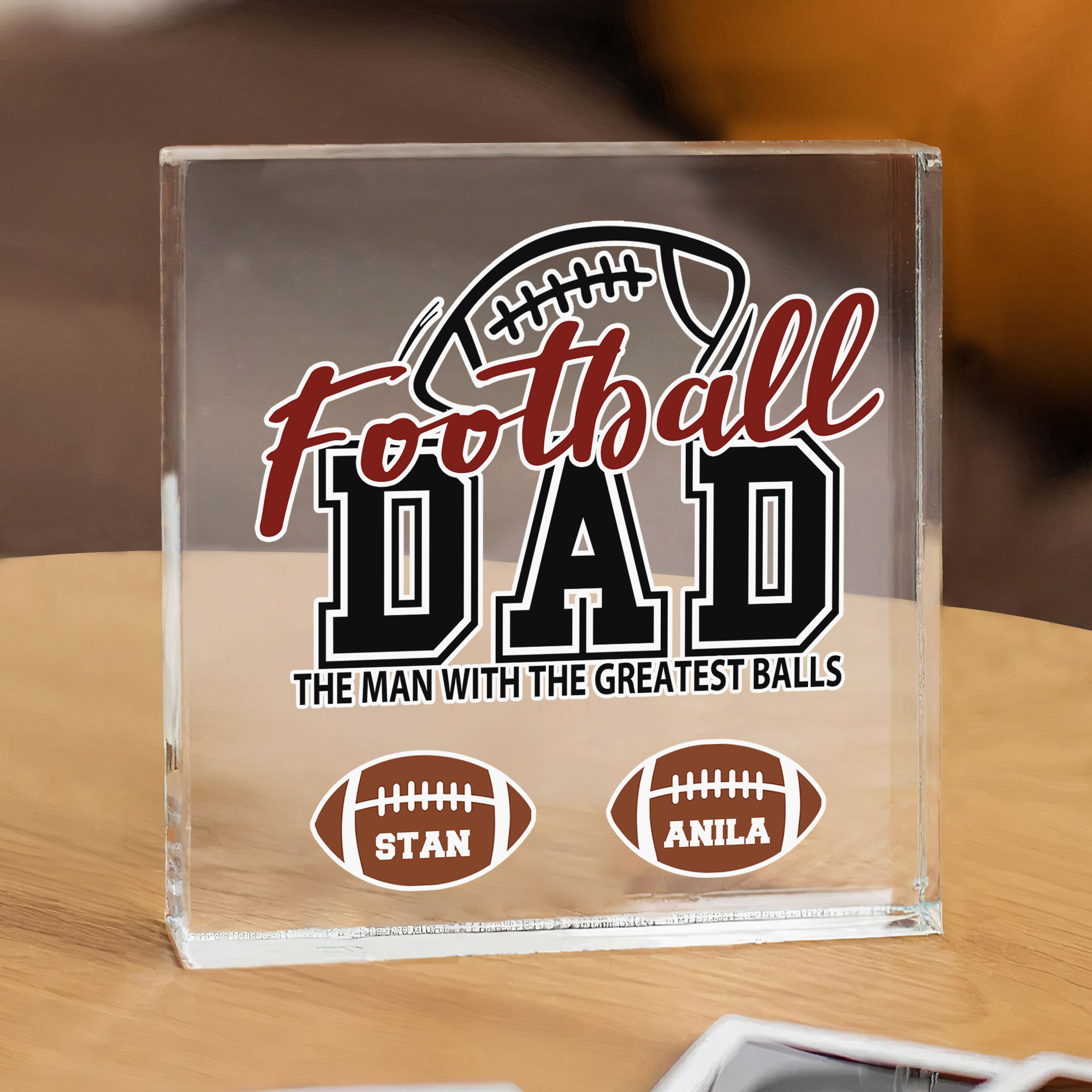 2 Names - Personalised Football Acrylic Keepsake Customized Name Acrylic Plaque Decoration Father's Day Gift for Dad