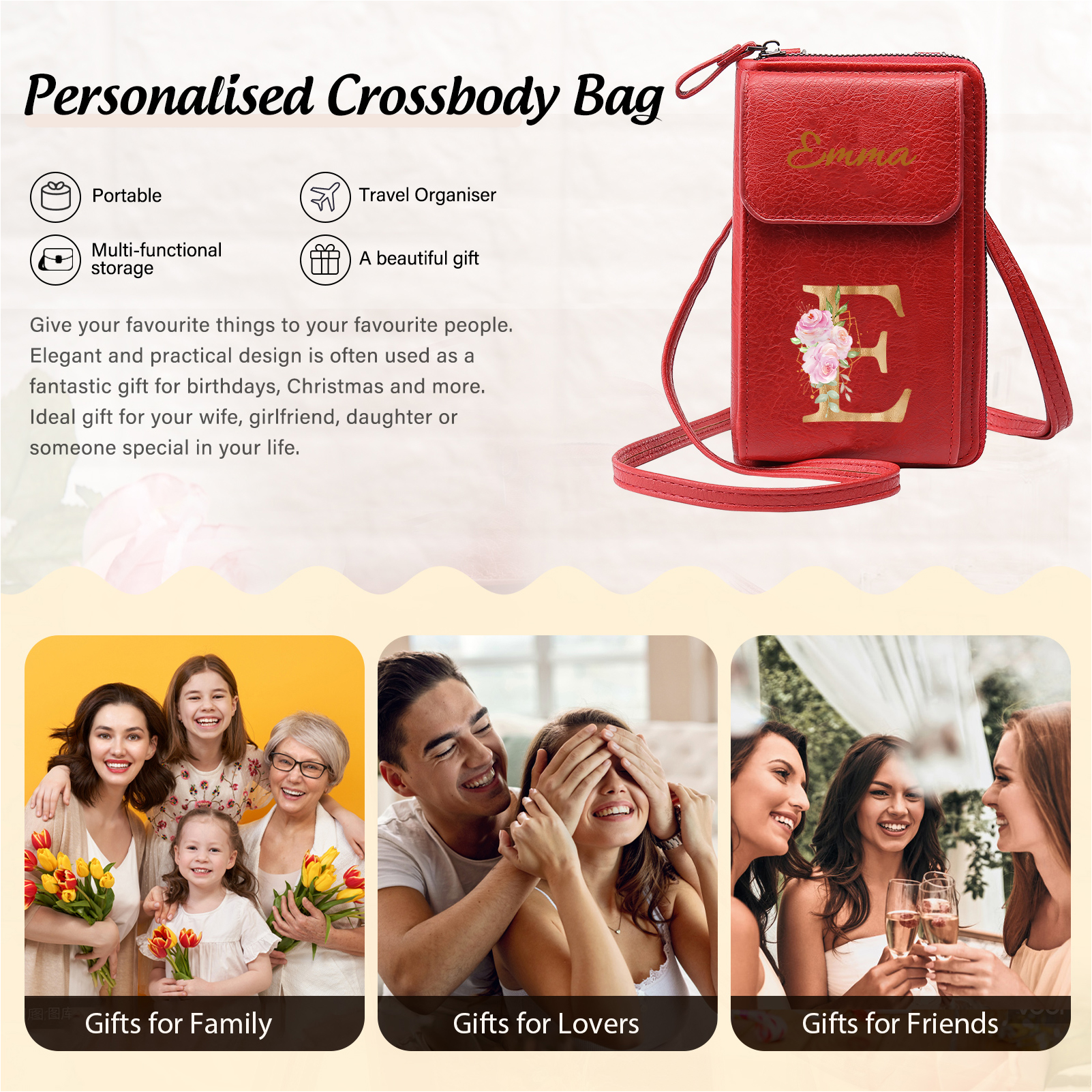 Custom Purse-Personalised Women's Leather Wallet Custom Letter & Name Mobile Phone Wallet Zipper Crossbody Bag
