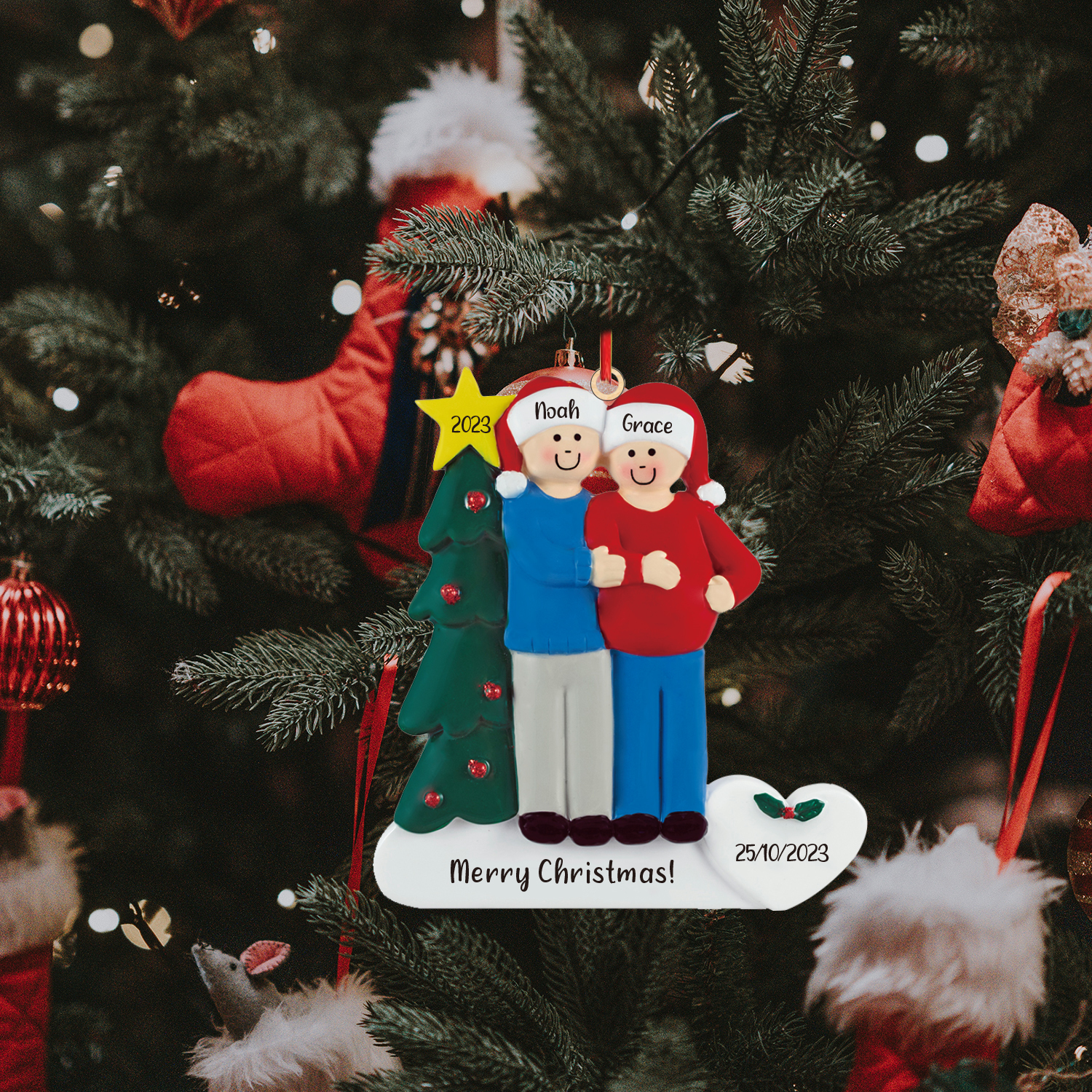 2 Names-Personalised Family Wooden Christmas Xmas Tree Decoration Ornament-Custom 2 Names And Dates Hanging Ornament Gifts For Family