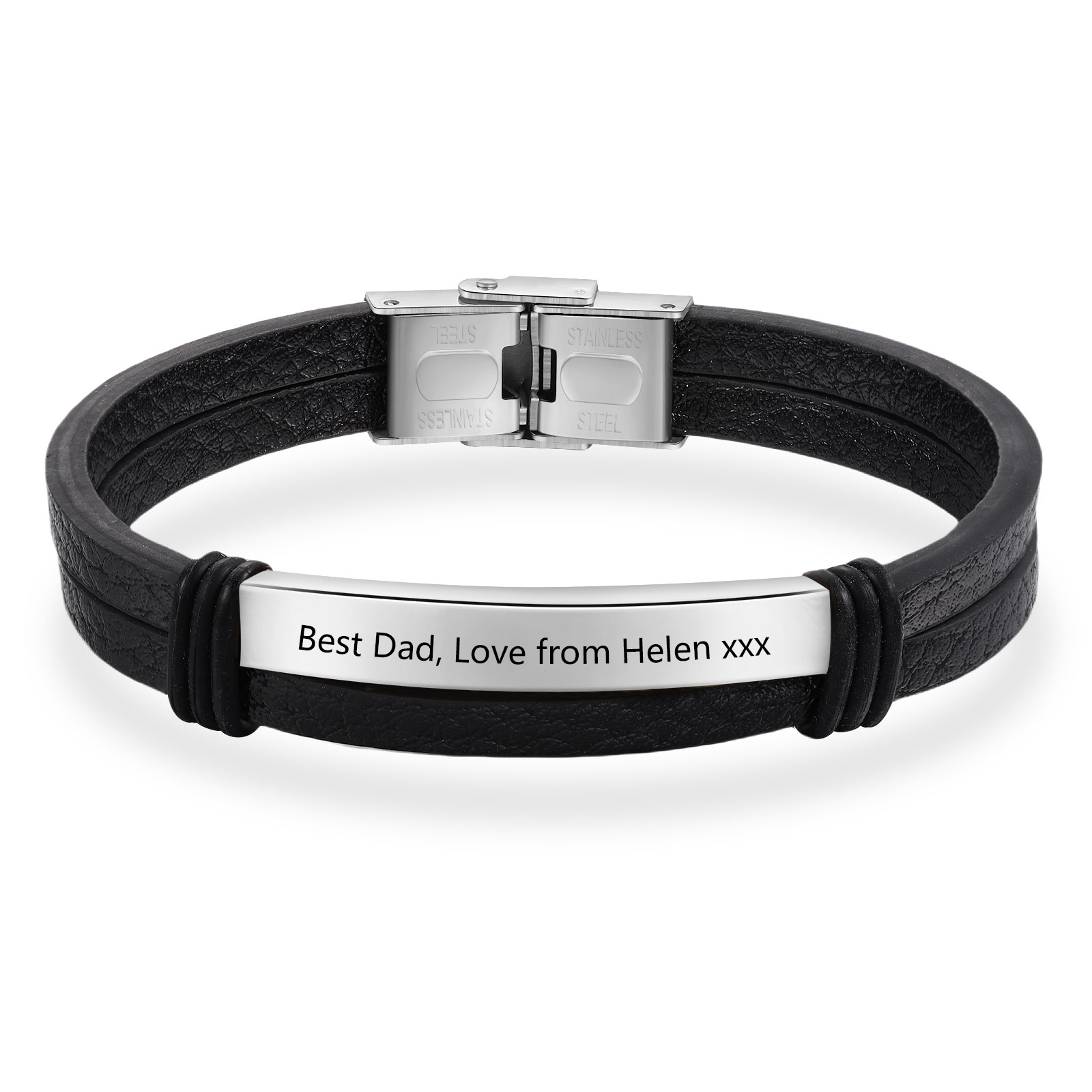 Personalised Text Black Leather Bracelet Men's Bracelet Father's Day Gift for Dad