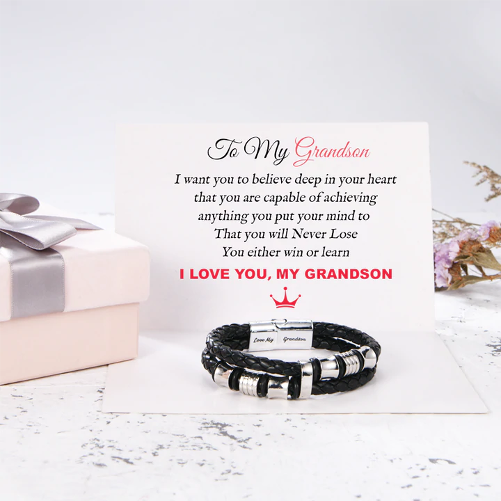 To My Grandson, Inspirational Leather Bracelet Bangle with Message Card Gifts For Him