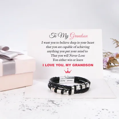 To My Grandson, Inspirational Leather Bracelet Bangle with Message Card Gifts For Him