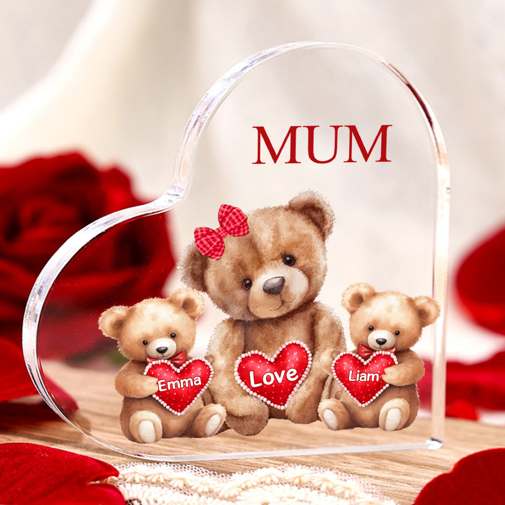2 Names-Personalised Mum Acrylic Heart Keepsake Custom Text Love Teddy Bear Ornaments Gifts Set With Gift Box for Grandma/Mother
