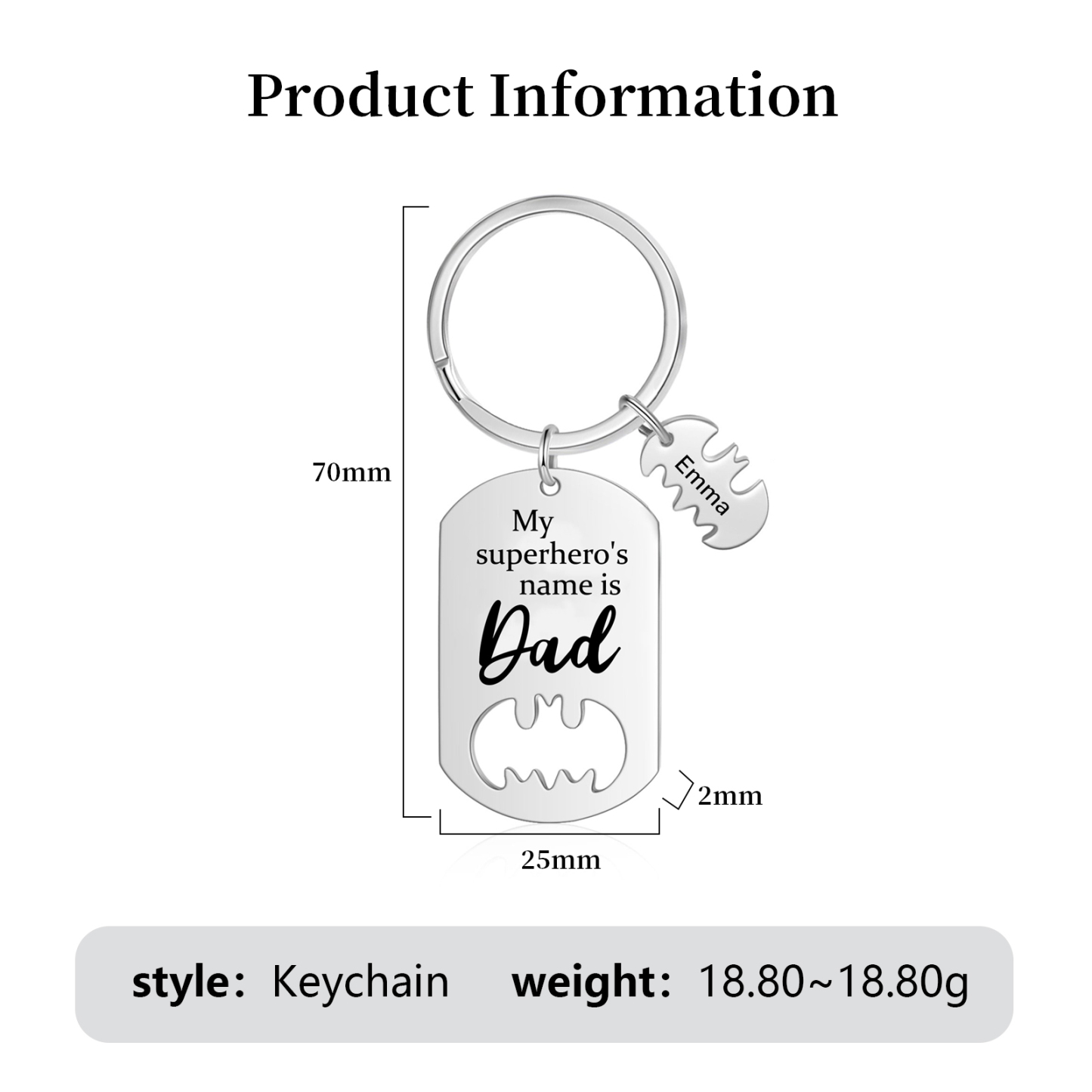 1 Names -Personalised Bat Keyring Father Keyring Gifts for Batman Dad - My Superhero's Name Is Dad