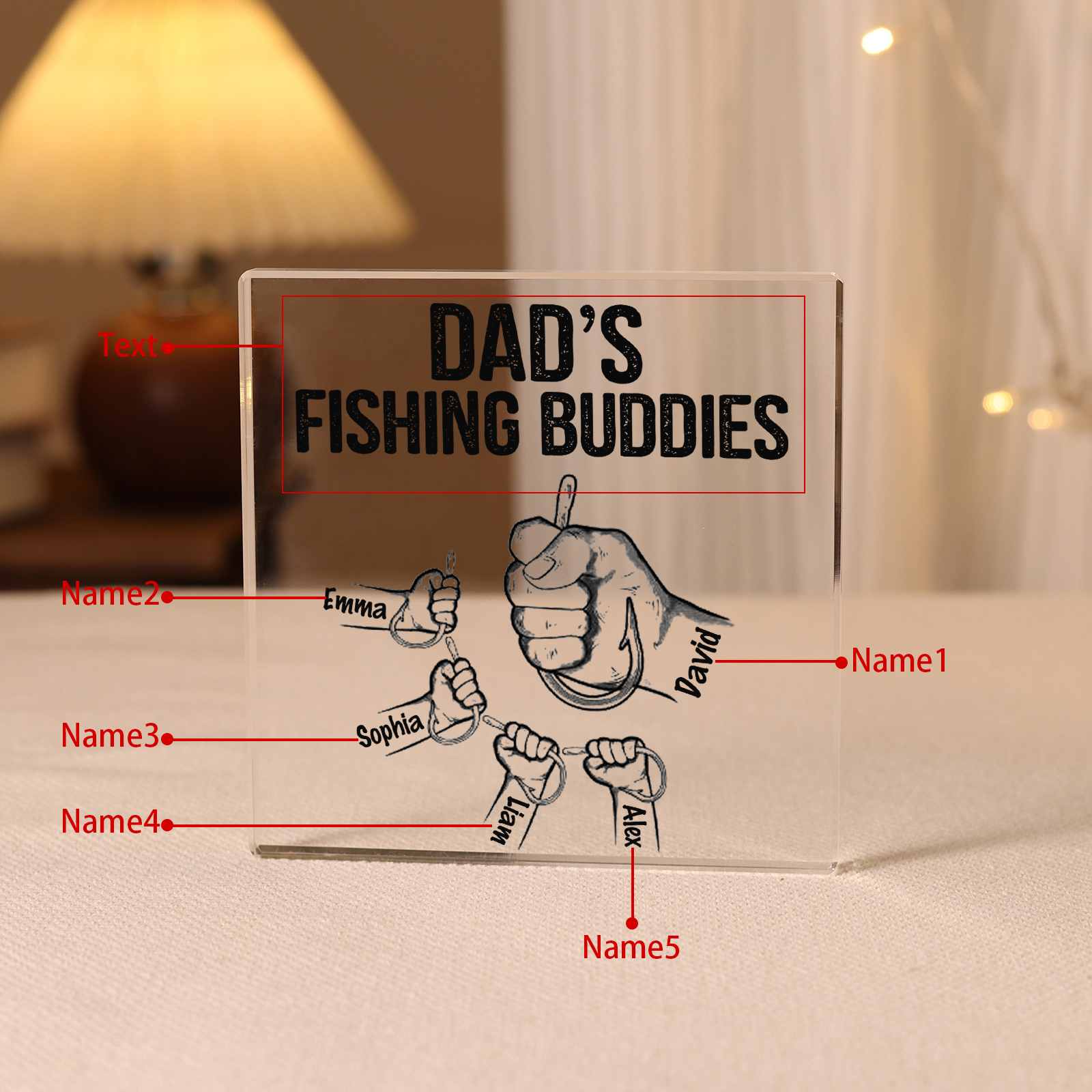5 Names - Personalised Fishhook Fist Bump Pattern Family Acrylic Keepsake Customized Name Acrylic Home Decor Gift for Dad