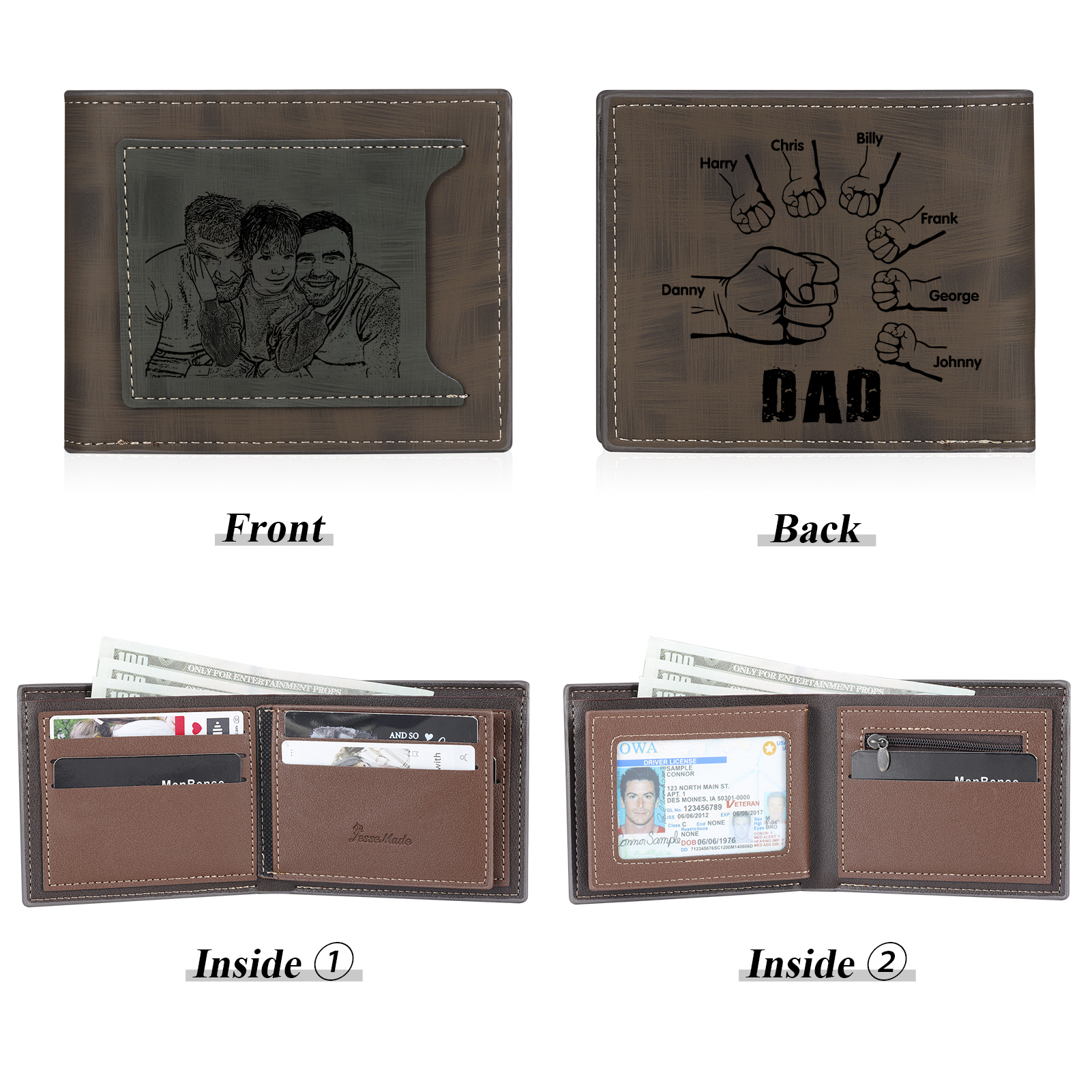 7 Names - Personalised Photo Custom Leather Men's Wallet as a Father's Day Gift for Dad