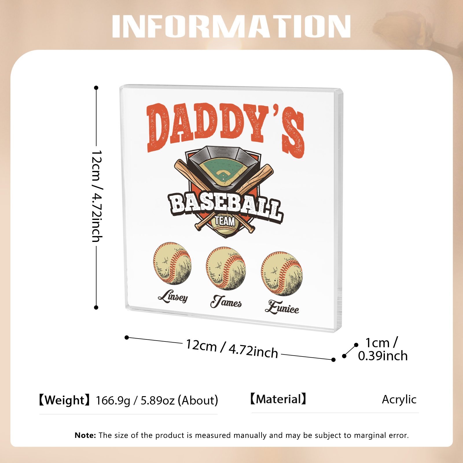 3 Names - Personalised Baseball Acrylic Keepsake Customized Name Acrylic Plaque Decoration Father's Day Gift for Dad