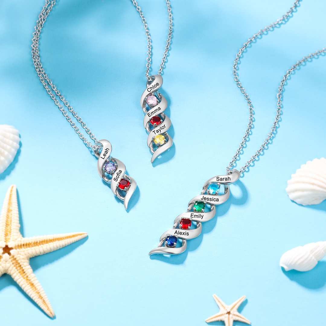 3 Names-Personalised Necklace Cascading Pendant with 3 Birthstones Engraving 3 Names Gifts for Her