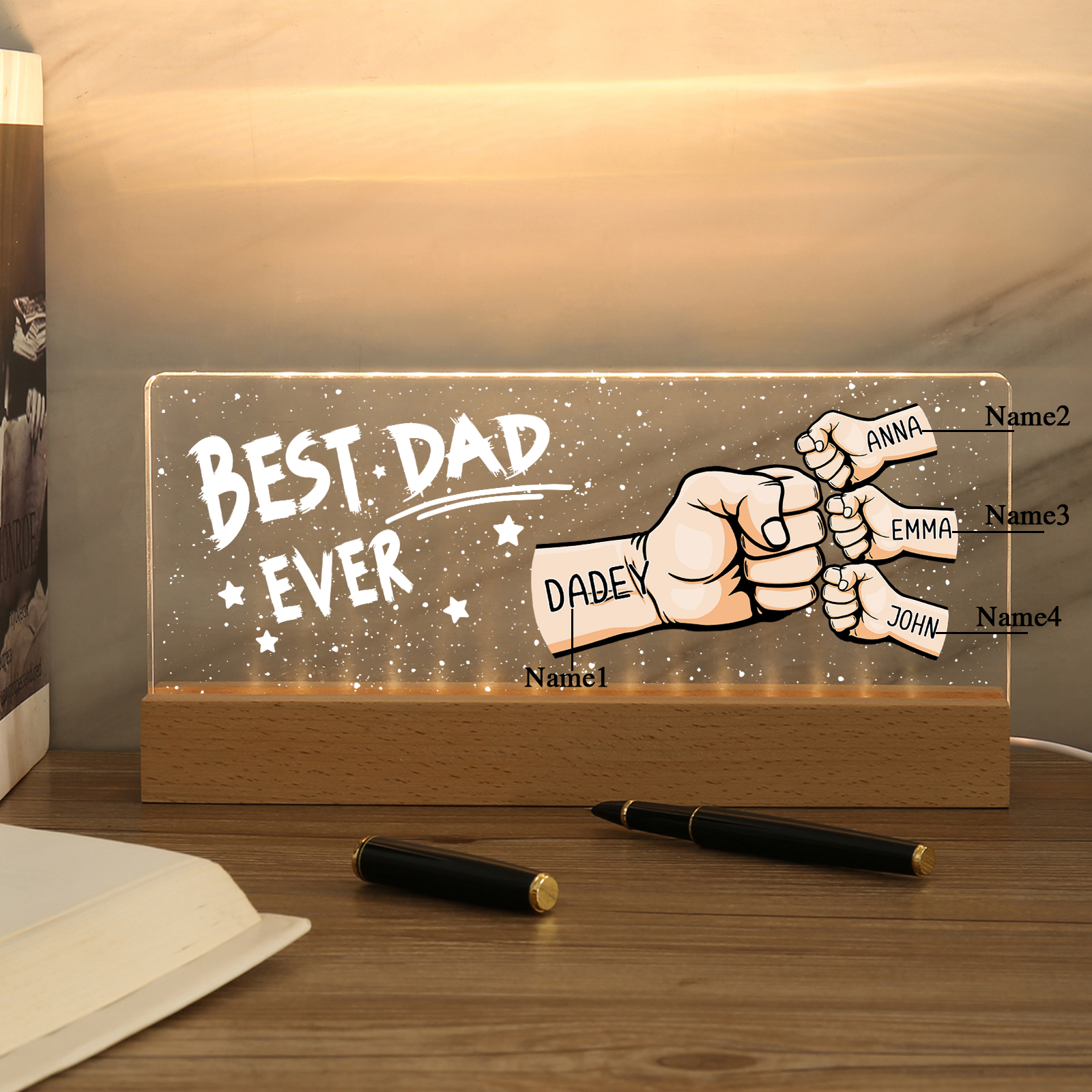 4 Names - Personalised Fist Bump Lamp - Best Dad Ever - Father's Day Gift for Dad