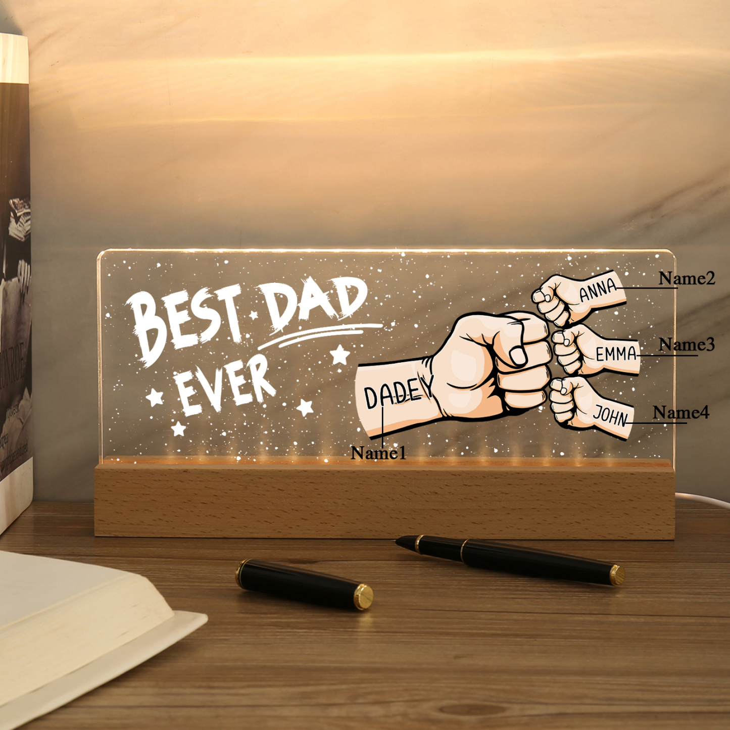 4 Names - Personalised Fist Bump Lamp - Best Dad Ever - Father's Day Gift for Dad