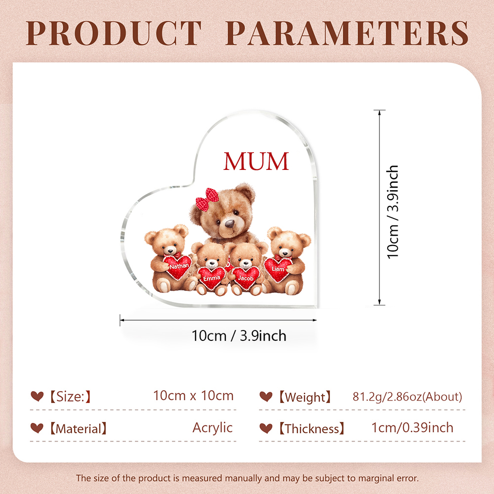 4 Names-Personalised Mum Acrylic Heart Keepsake Custom Text Love Teddy Bear Ornaments Gifts Set With Gift Box for Grandma/Mother