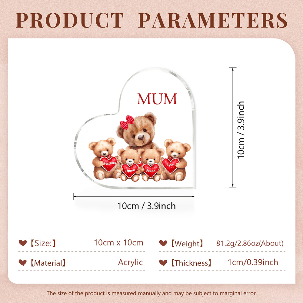 4 Names-Personalised Mum Acrylic Heart Keepsake Custom Text Love Teddy Bear Ornaments Gifts Set With Gift Box for Grandma/Mother