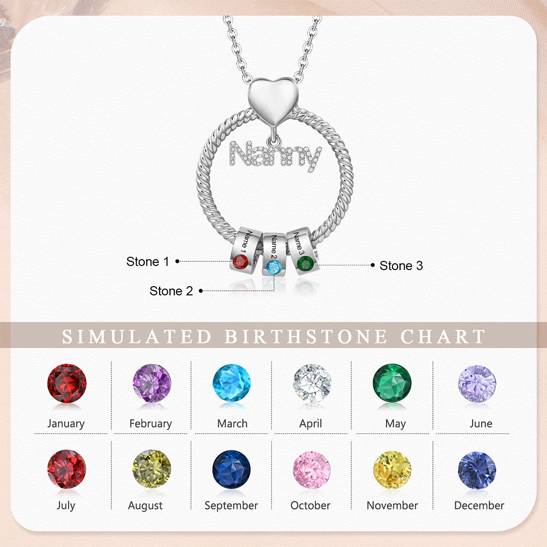 3 Names-Personalised Nanny Circle Necklace With 3 Birthstones Pendant Engraved Names Gift For Nanny