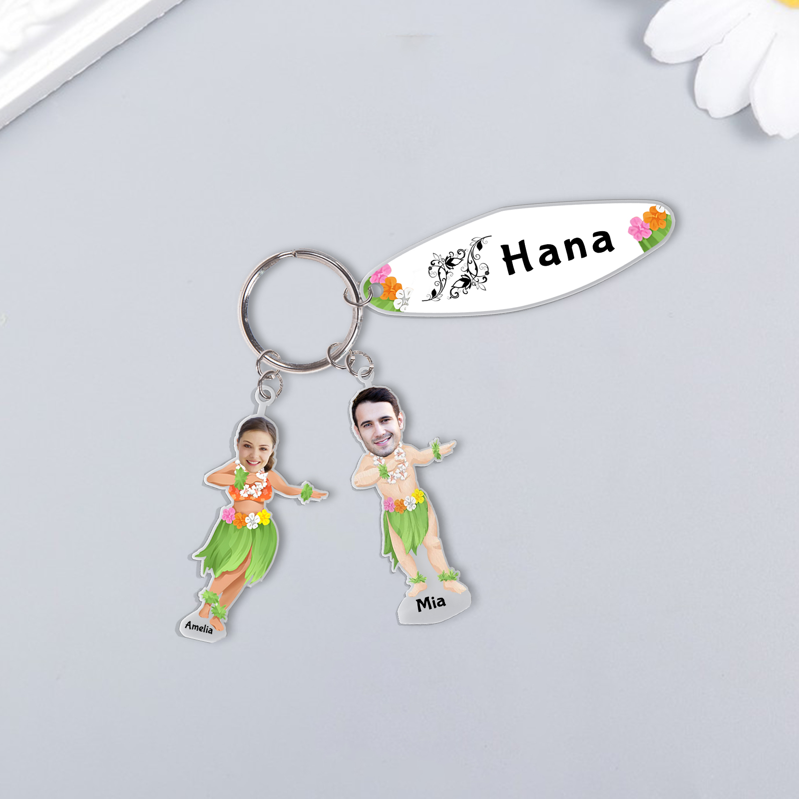 2 Names - Personalised Hawaiian Style Keyring With 2 Photo,2 Name and Text, Gift For Family