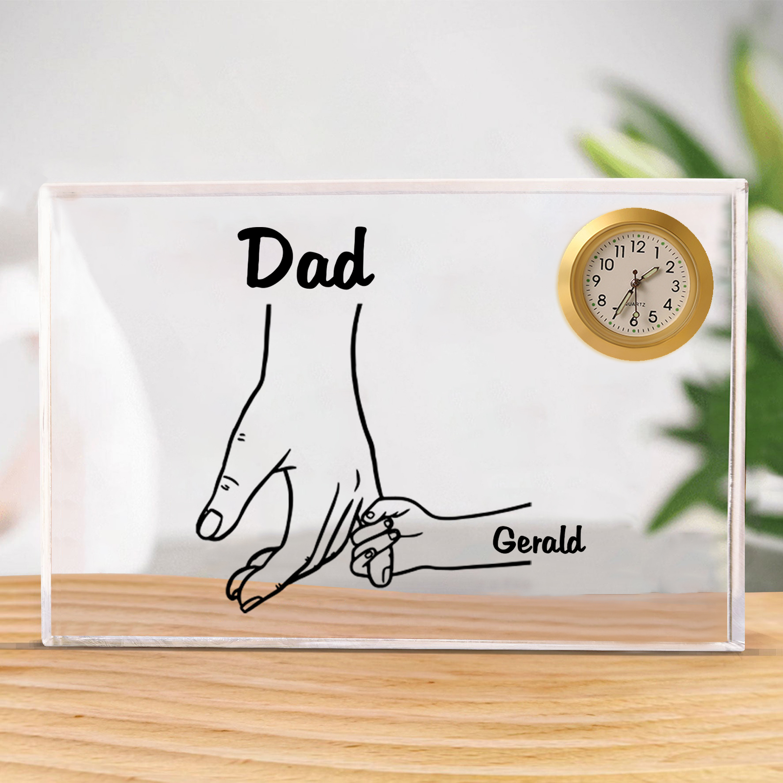 2 Names - Personalised Holding Hands Pattern Custom Name Acrylic Rectangular Clock Ornament Father's Day Gift