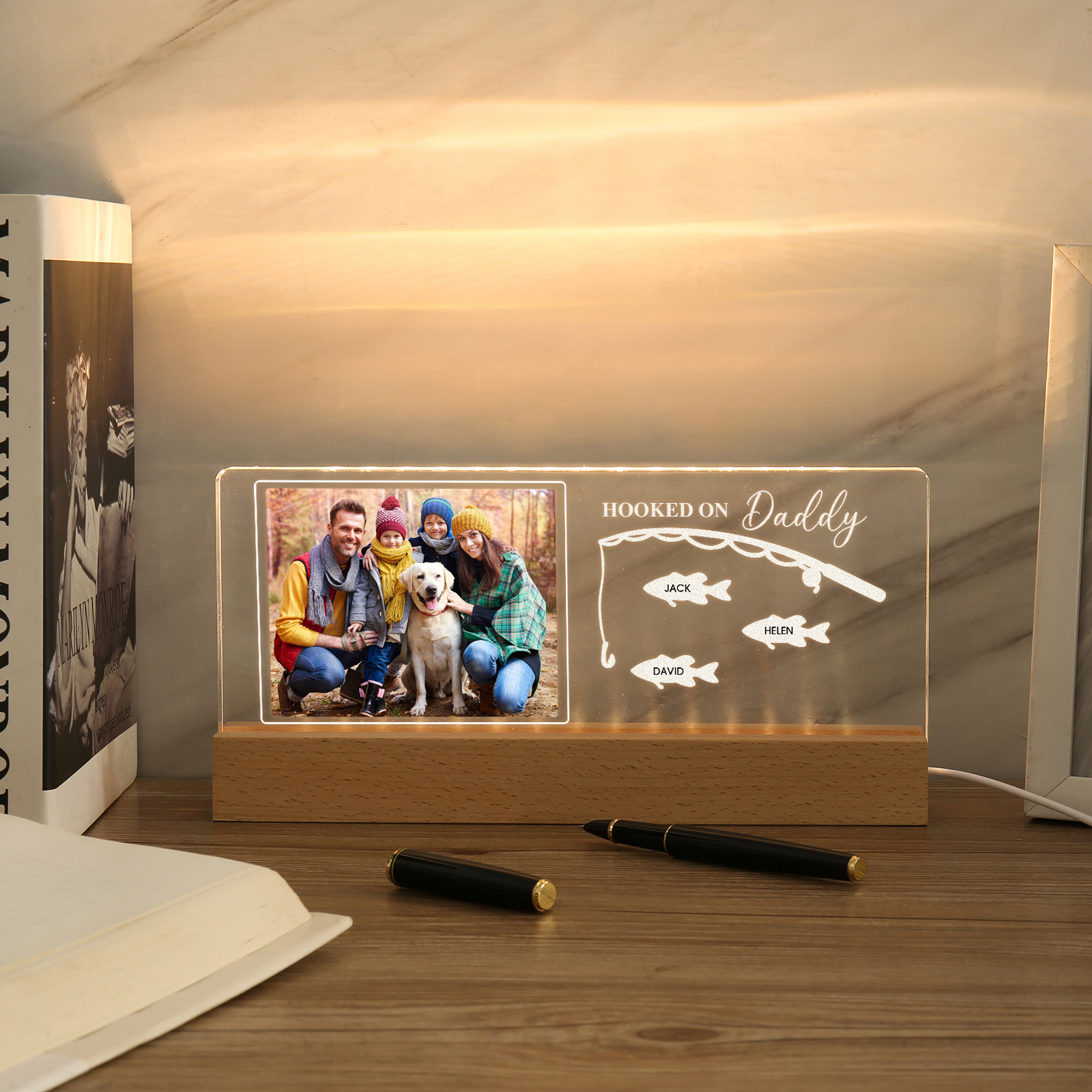 3 Names - Personalised Photo Fishing Pattern Desk Lamp Father's Day Gift For Dad