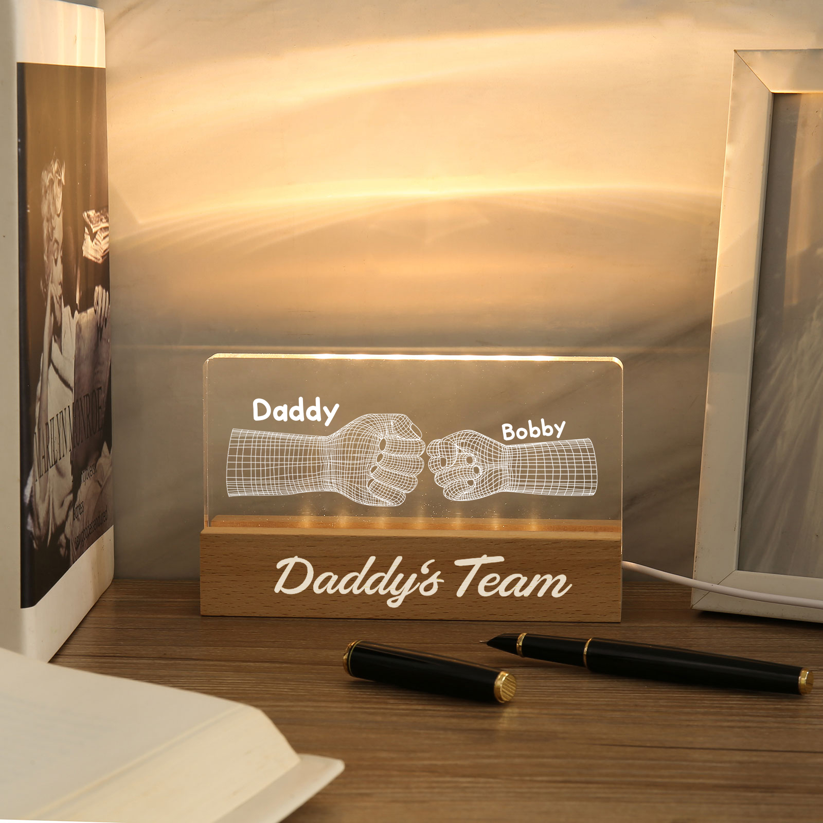 2 Names Personalised Fist Bump Pattern Night Light Custom Text LED Light Father's Day Gift for Dad