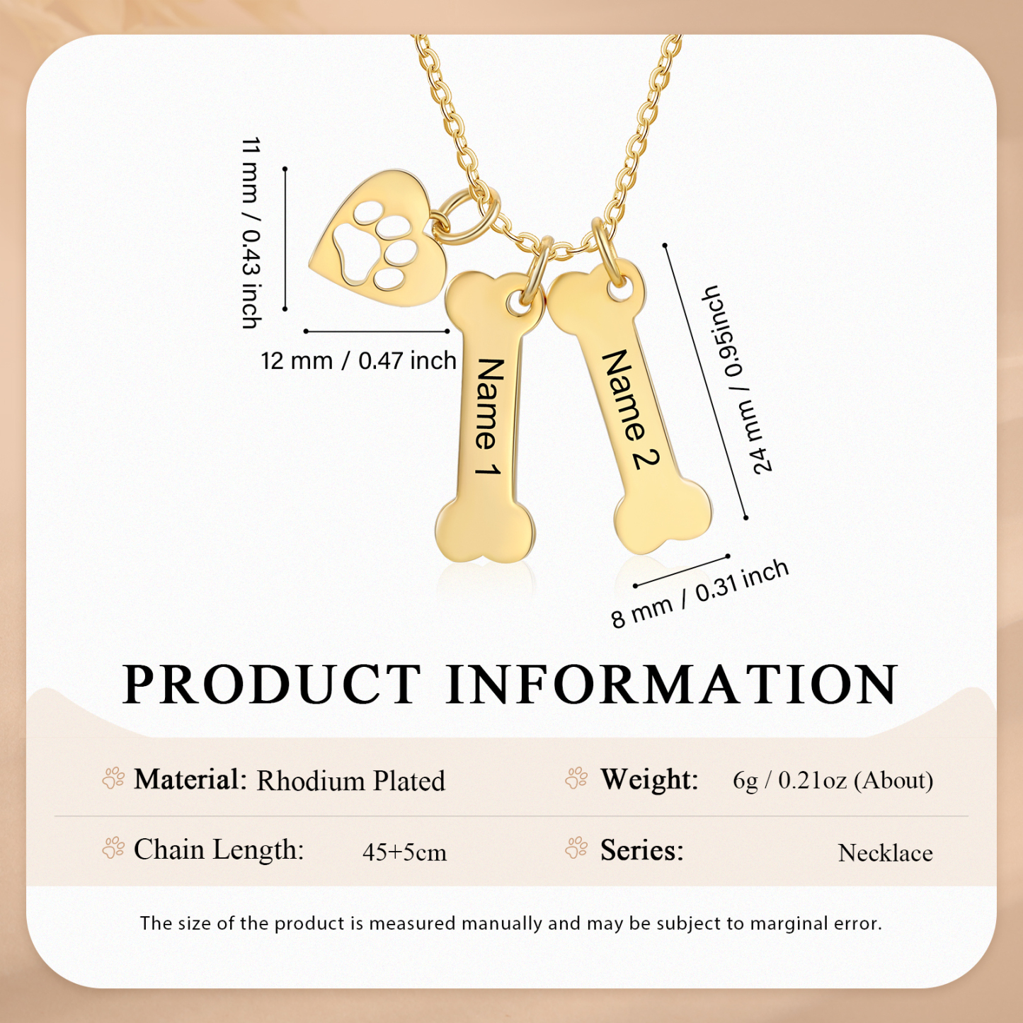 2 Names - Personalised Heart and Bones Charm Pendant Necklace, Custom Name Gift for Her
