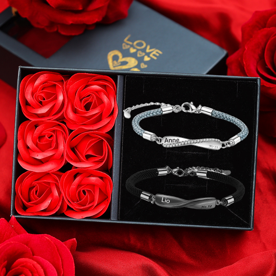  Valentine's Day Gifts Personalised Matching Braided Couple Bracelets Set With Rose Box for Couple