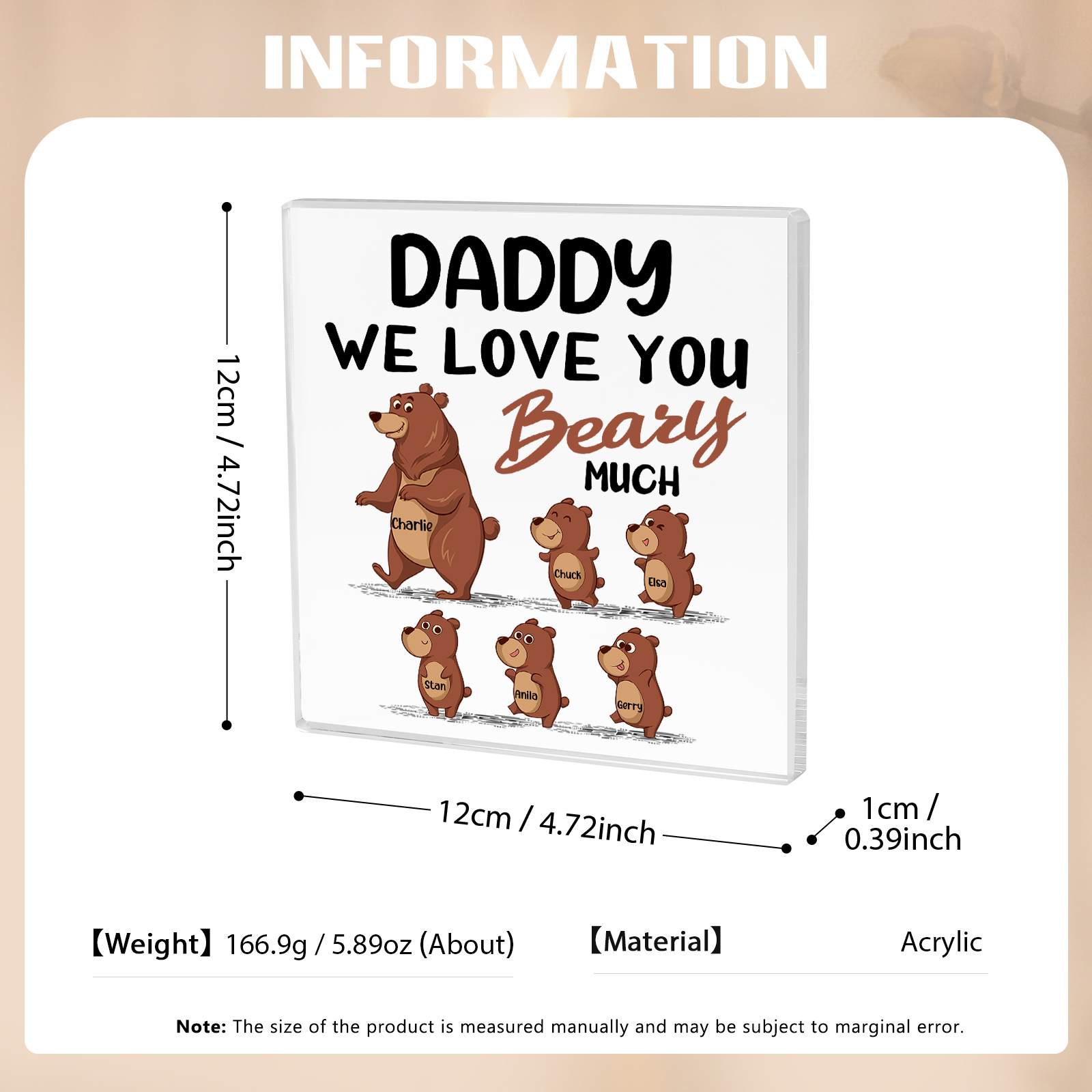 6 Names-Personalised Bear Family Acrylic Keepsake-Custom Text and Names-Acrylic Plaque Home Decoration Gift for Daddy/Grandad