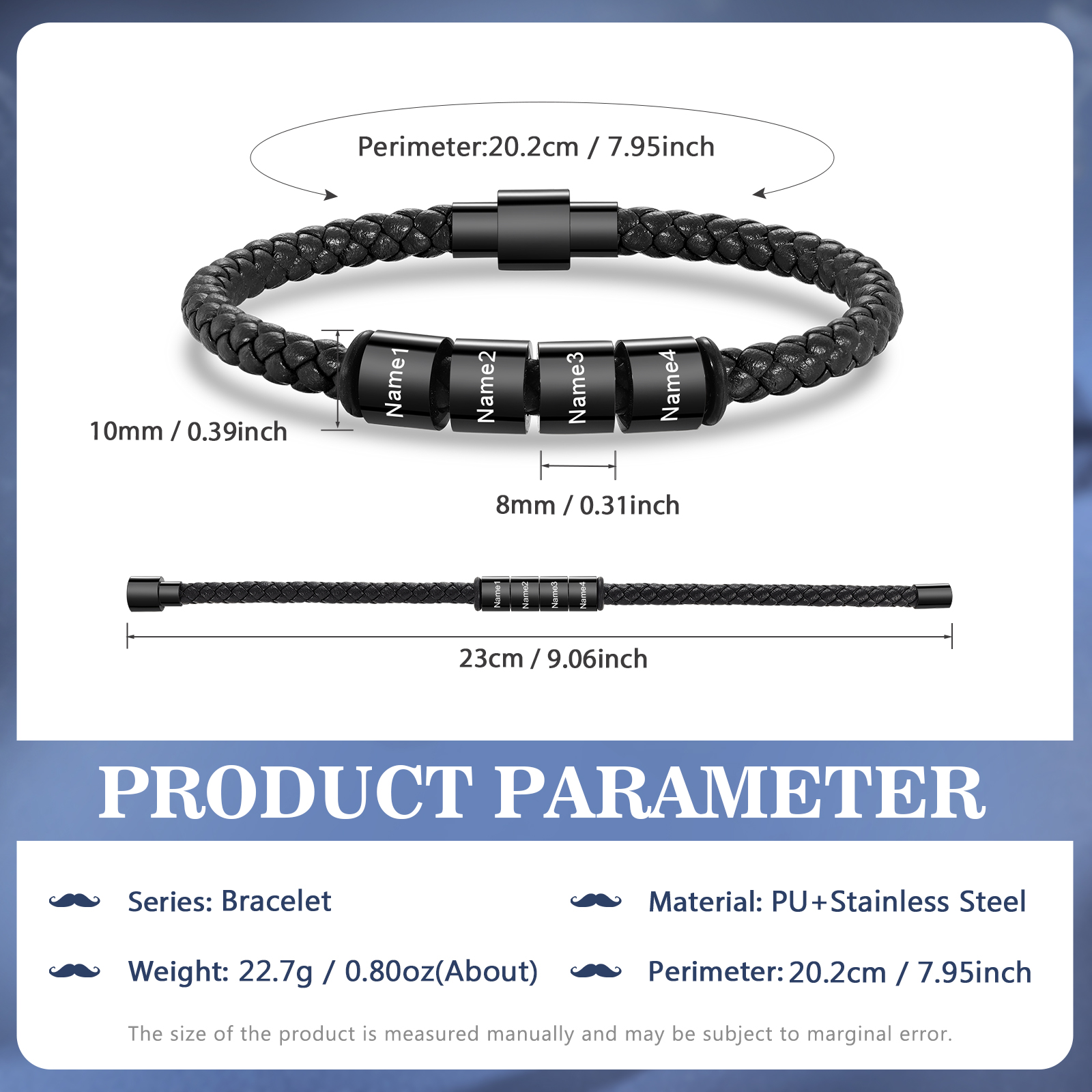 Custom Engraved 4 Names Beads Magnetic Buckle Leather Braided Personalised Mens Bracelet - Gift for Husband Boyfriend