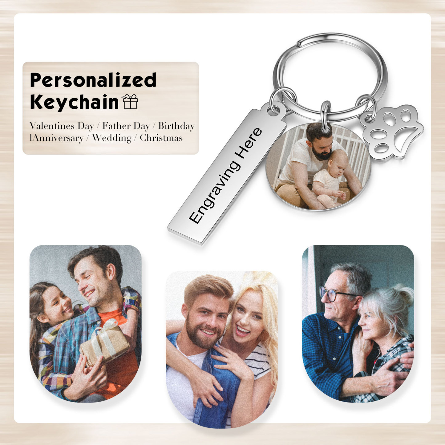 Personalised Photo Keyring Custom Text
