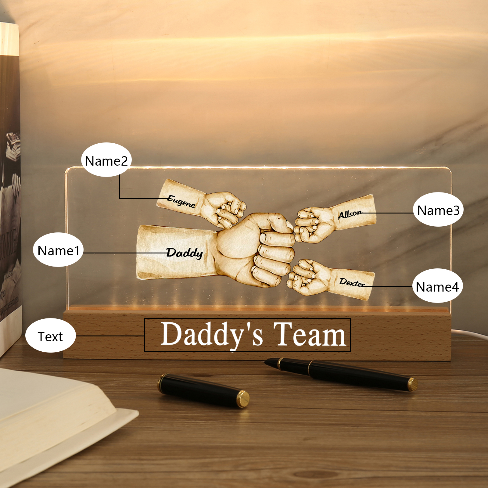 4 Names - Personalised Fist Bump Pattern Table Lamp Customized Text Father's Day Gift for Dad