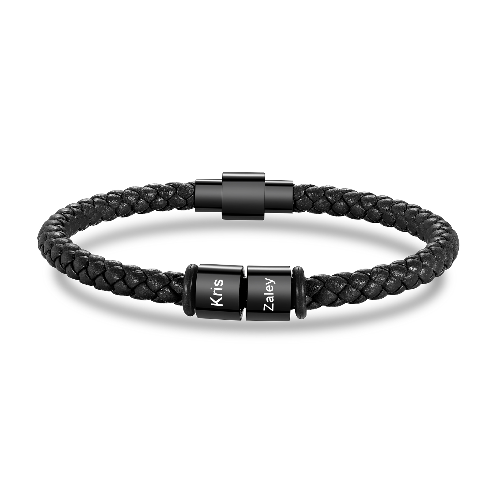 Custom Engraved 2 Names Beads Magnetic Buckle Leather Braided Personalised Mens Bracelet - Gift for Husband Boyfriend