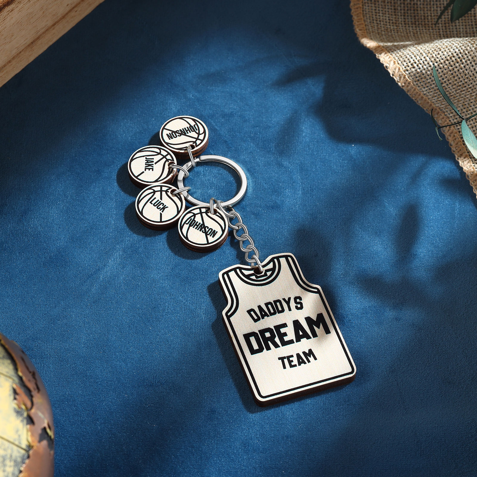 Personalised Text and 4 Names Wooden Basketball Keyring For Dad