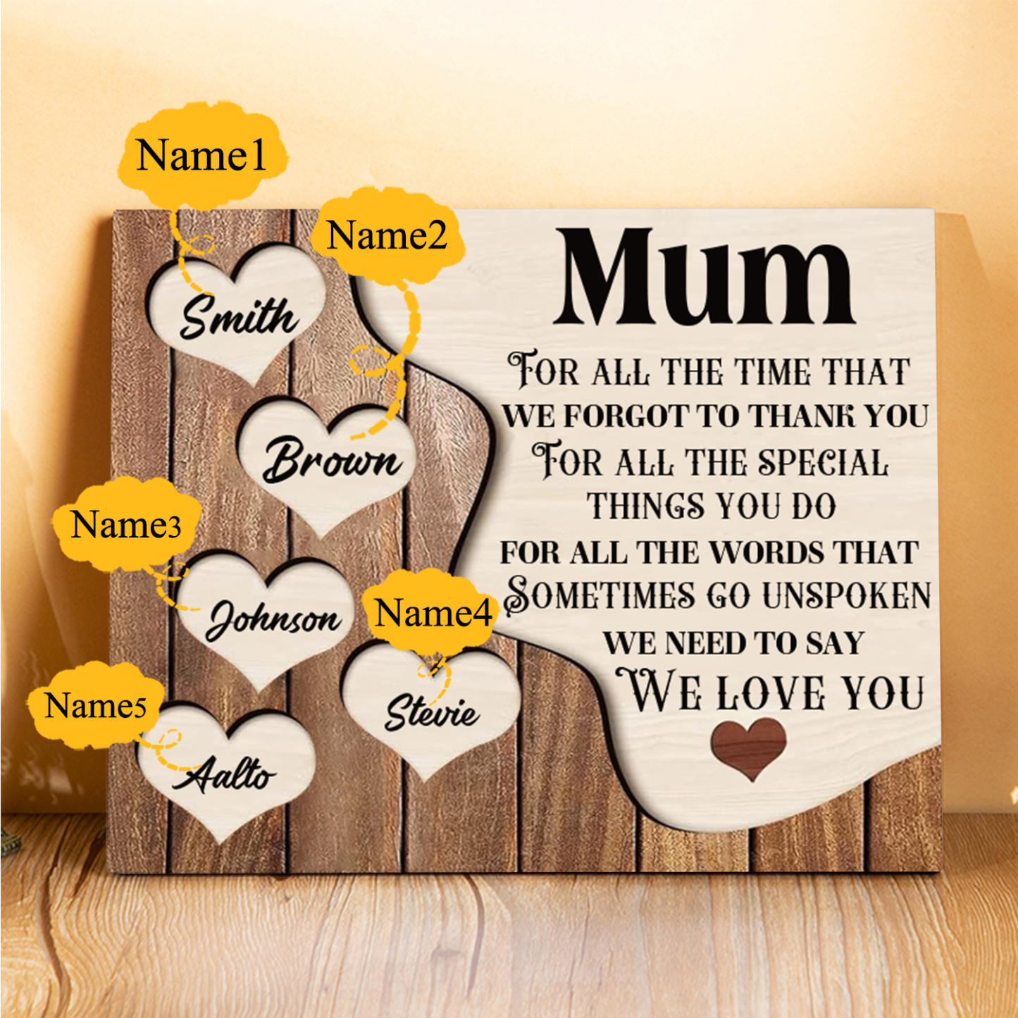 5 Names-Personalised Mum Wooden Frame Custom Names Home Decoration - Mother's Day Gifts for Mum