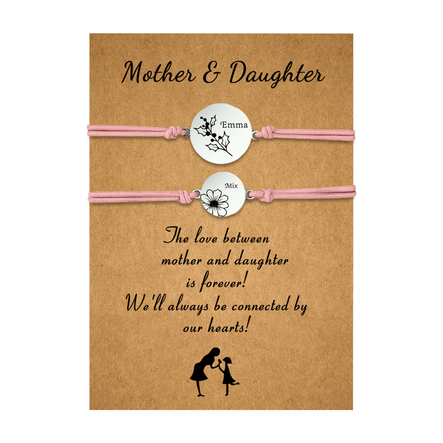 2PCS Personalized 2 Birthflowers and 2 Names Elastic Stainless Steel Bracelet Mother and Daughter Back to School Gift for Daughter
