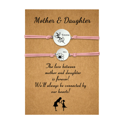2PCS Personalized 2 Birthflowers and 2 Names Elastic Stainless Steel Bracelet Mother and Daughter Back to School Gift for Daughter