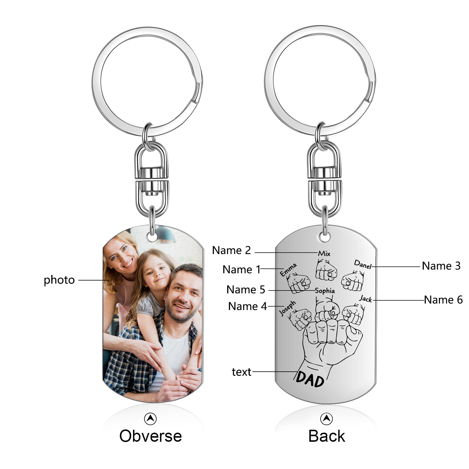 6 Names - Personalised Fist Bump Keyring Customized with Photo and Text Father's Day Gift for Dad