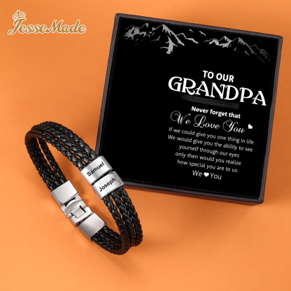 Personalised Braided Leather Bracelet Engraved 2 Names Men's Bracelet Gifts For Him