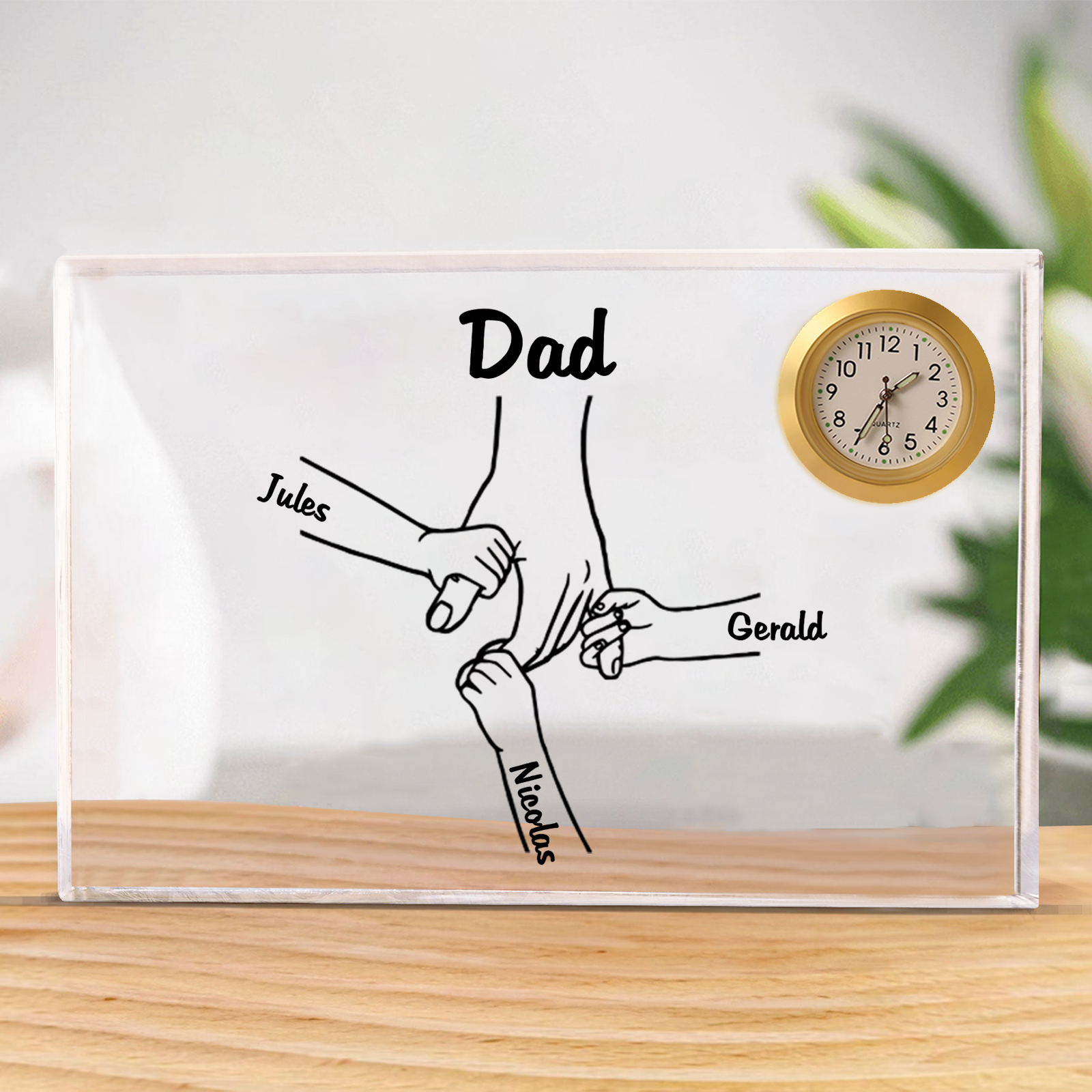 4 Names - Personalised Holding Hands Pattern Custom Name Acrylic Rectangular Clock Ornament Father's Day Gift