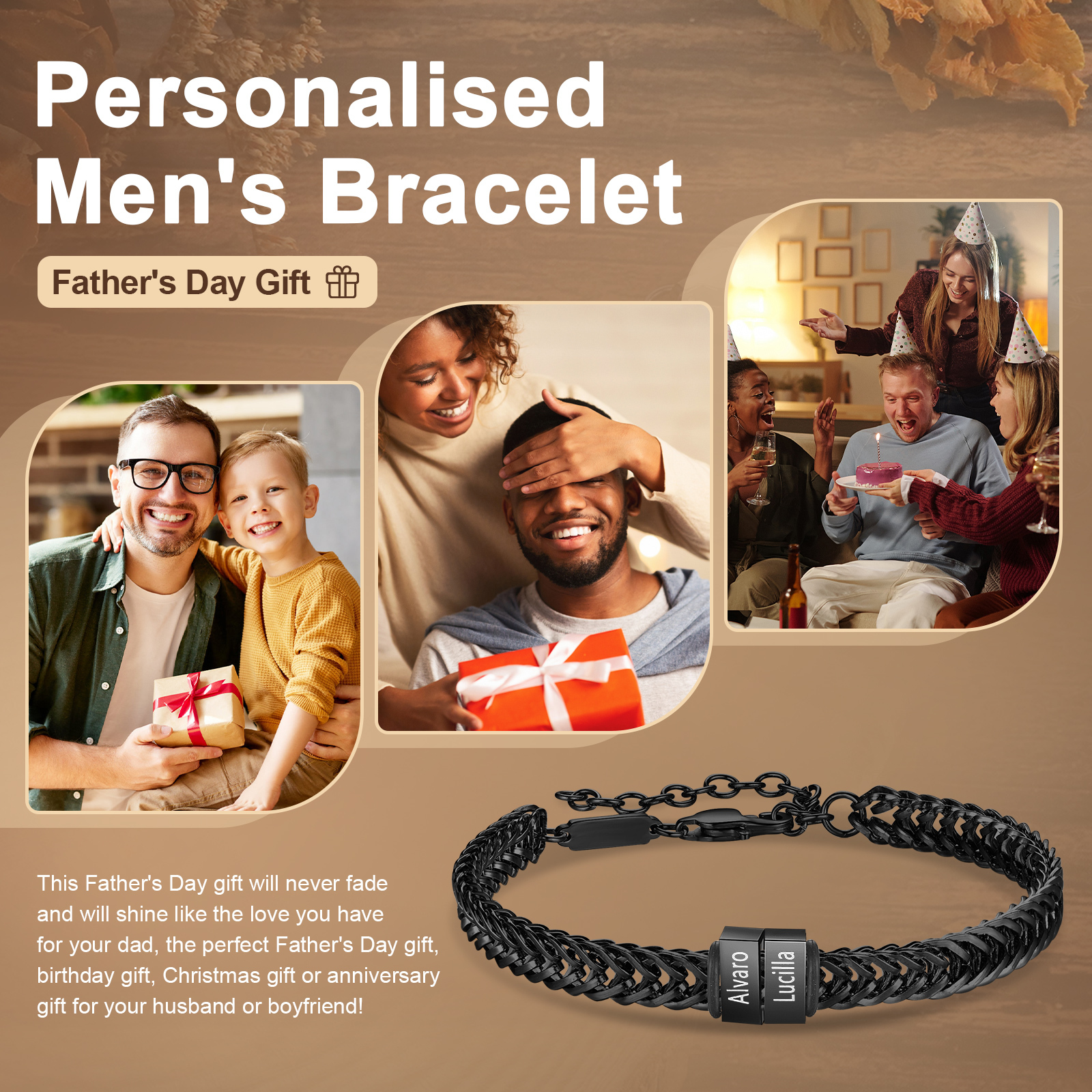 3 Names - Personalised Name Stainless Steel Men's Bracelet Great Gift for Him