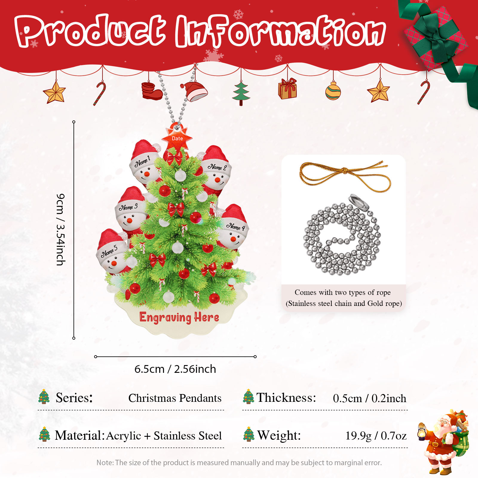 5 Names-Personalized Family Acrylic Christmas Xmas Tree Decoration Ornament-Custom 5 Names Text And Date Hanging Ornament Gifts For Family