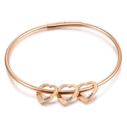 Personalised Love Bracelet with 3 Heart Charms Engraved Name Bangle Bracelet for Her