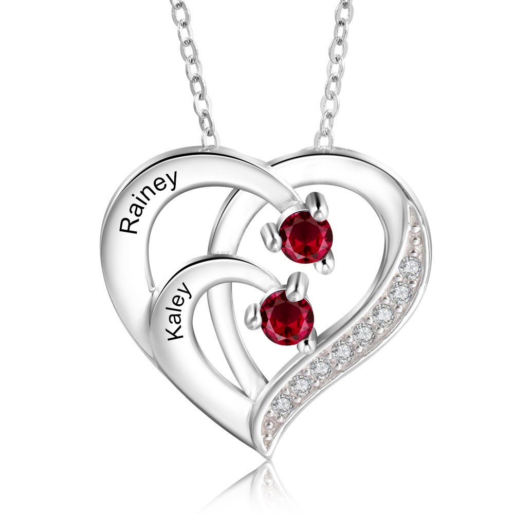 Personalised Mother Necklace 2 Stones Engraved 2 Names Birthstone Intertwined Heart Pendant Gifts for Her
