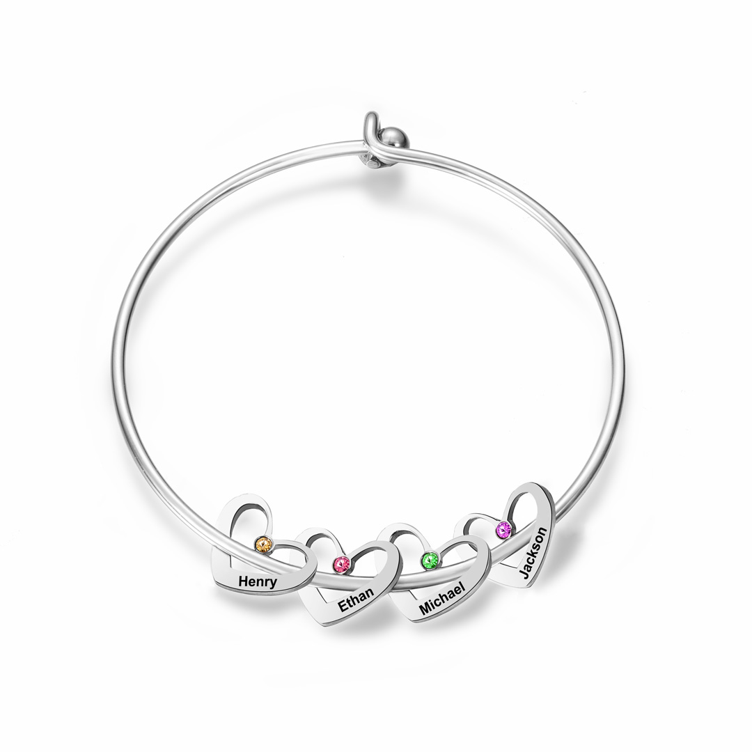 4 Names-Personalised Heart Bangle With 4 Names and Birthstones Bangle Bracelet Gifts For women