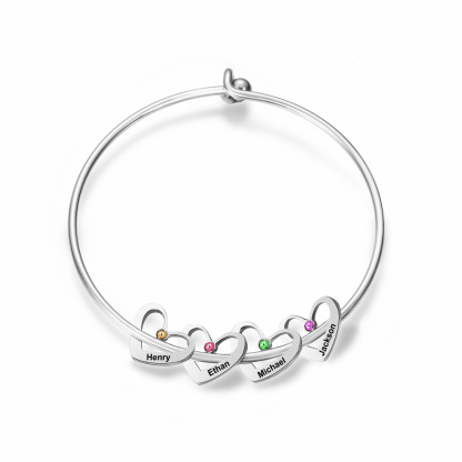 4 Names-Personalised Heart Bangle With 4 Names and Birthstones Bangle Bracelet Gifts For women