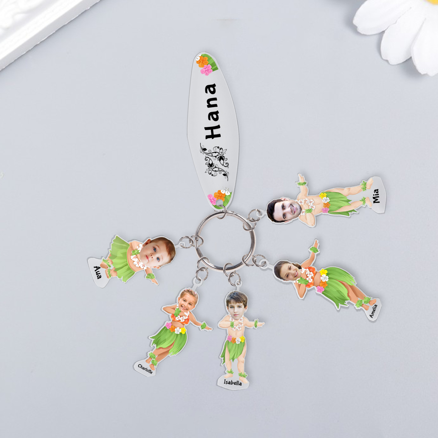5 Names - Personalised Hawaiian Style Keyring With 5 Photo,5 Name and Text, Gift For Family