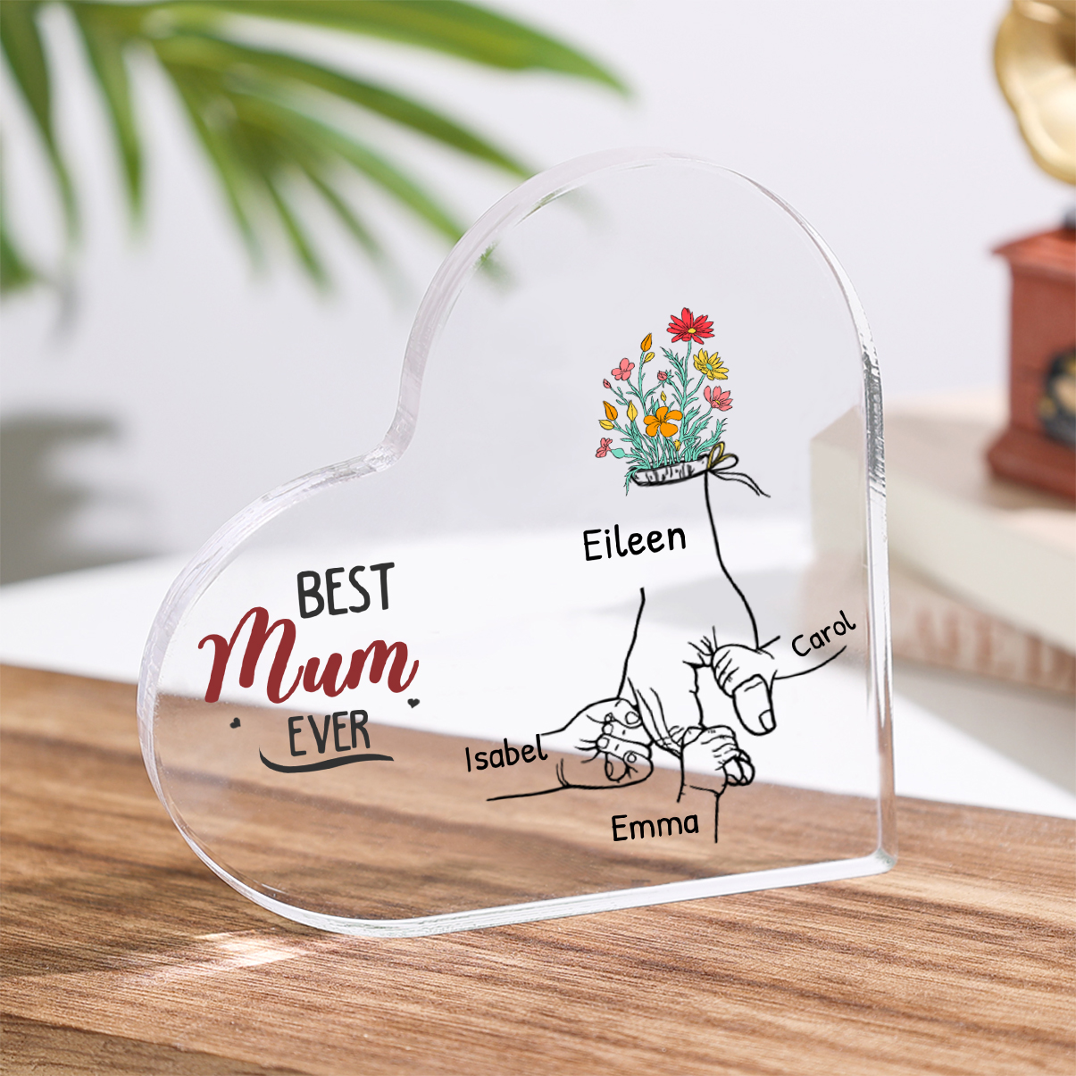 Customized  1-6 Names Hand Flower Name Style Acrylic Heart Shaped Decorative Brand Plaque Decoration for Mum/Nana