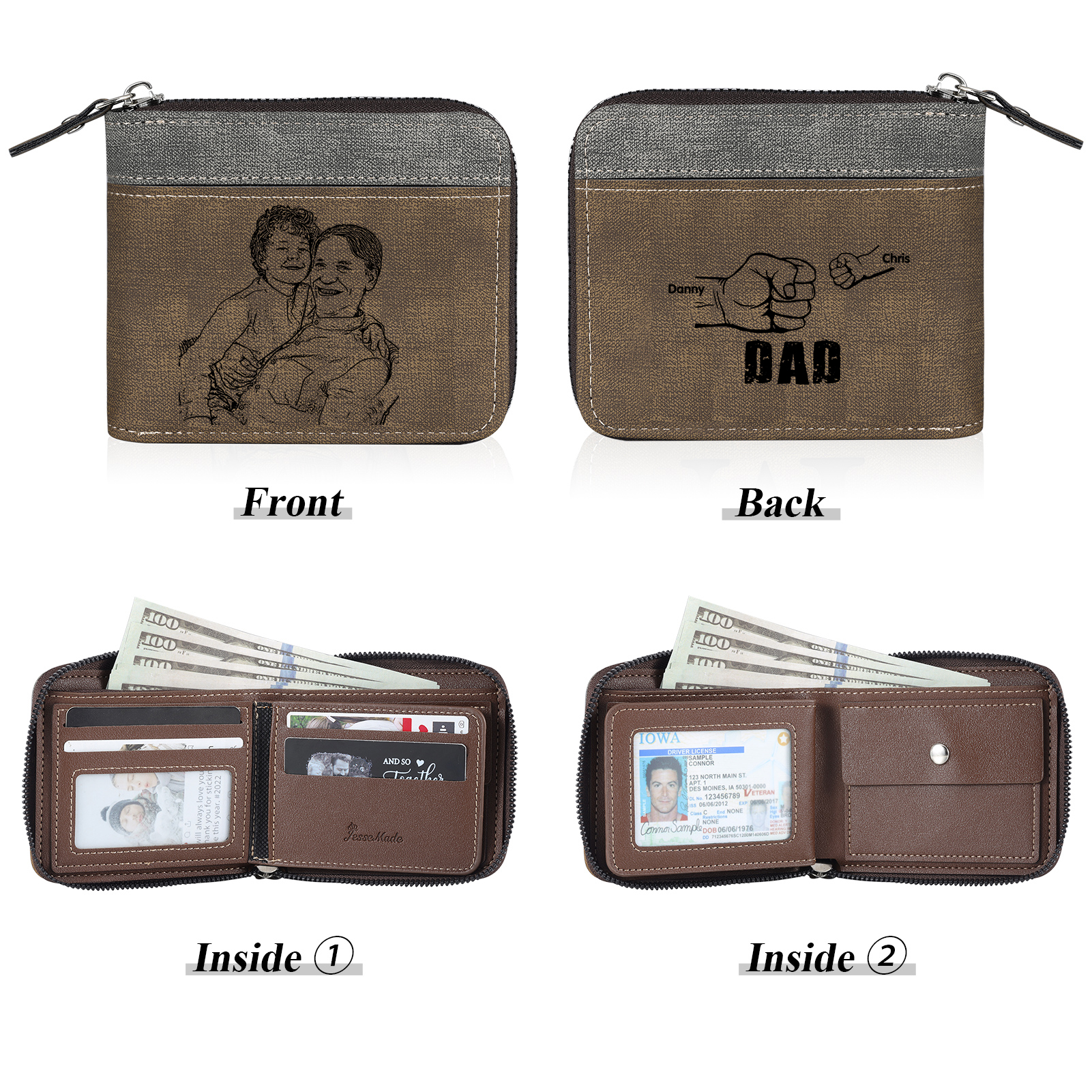 2 Names - Personalised Fist Bump Photo Custom Leather Men's Zipper Wallet as a Father's Day Gift for Dad