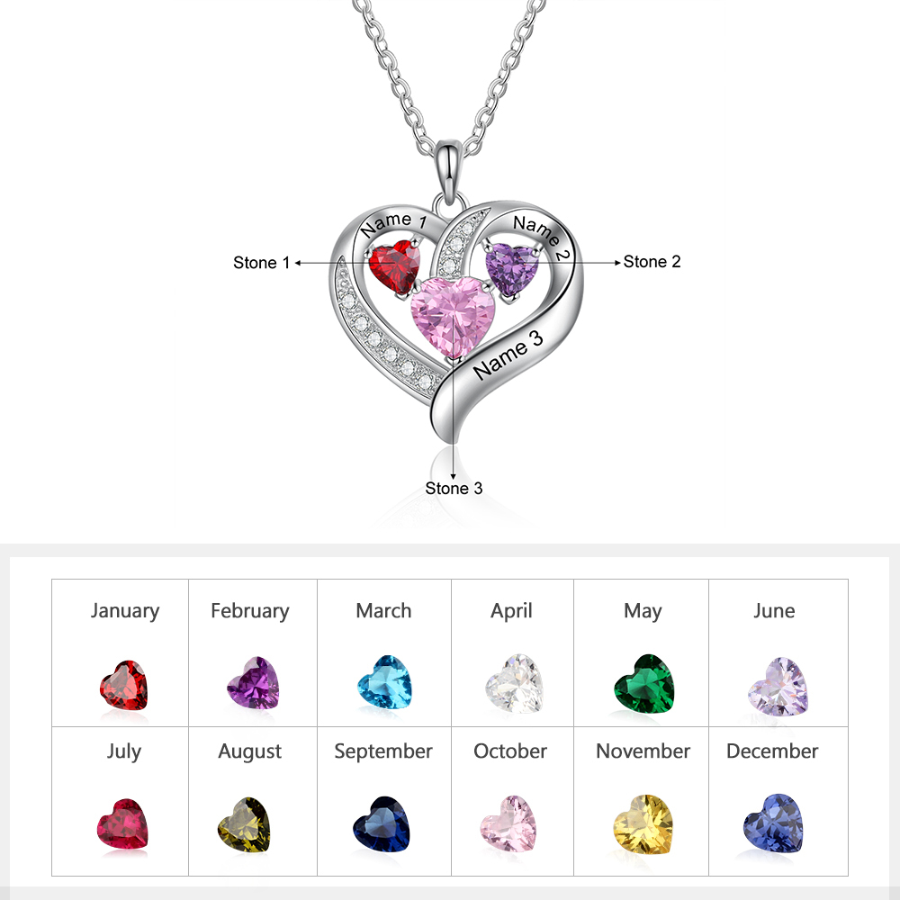 Personalised Heart Necklace With 3 Birthstones Engraved Names Gift For Her