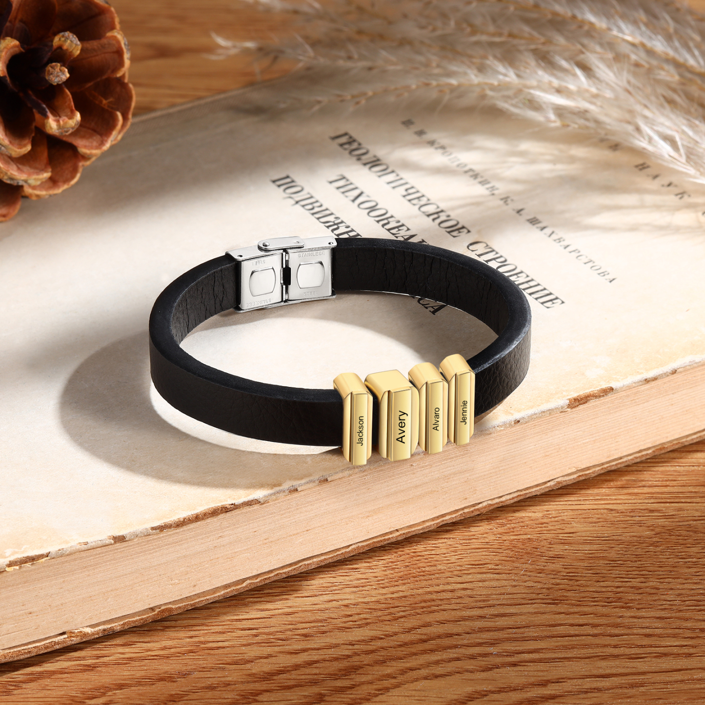 4 Names Personalised Stainless Steel Leather Bracelet Engraved Name Men's Bracelet Gift for Dad