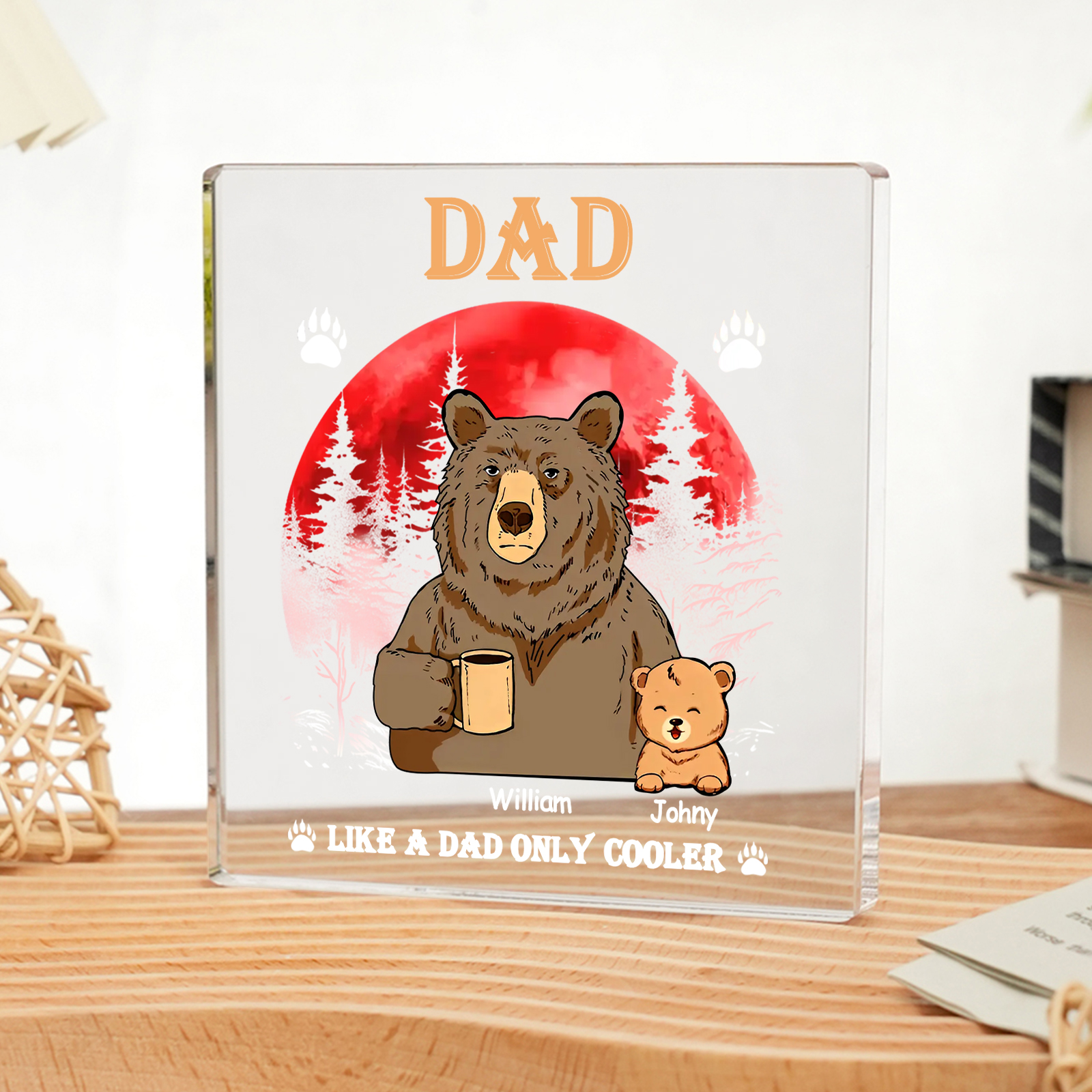 2 Names - Personalised Bear Family Pattern Custom Name Acrylic Square Ornament Father's Day Gift