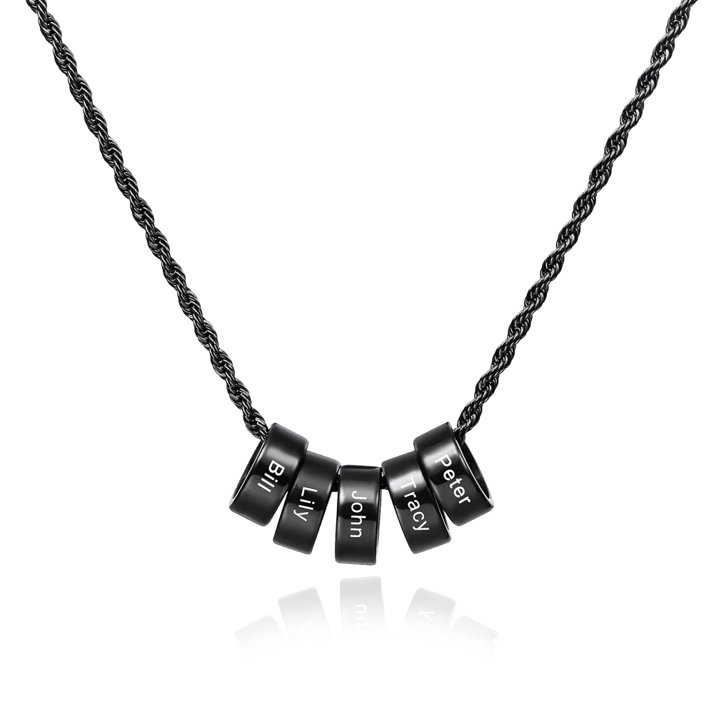 Custom Engraved 5 Names Circle Beads Charm Necklace Stainless Steel Braided Necklace for Men Women - Gifts for Him Her