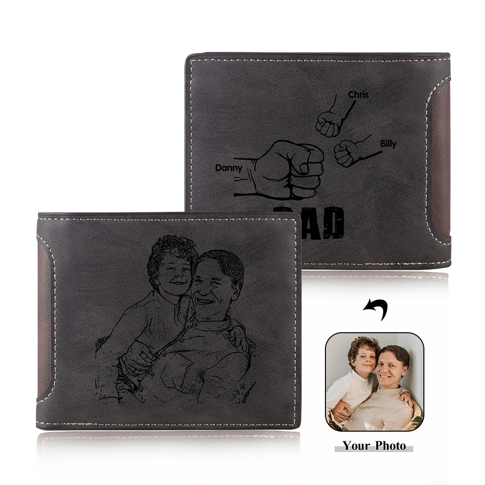 3 Names - Personalised Photo Custom Leather Men's Folding Wallet as a Father's Day Gift for Dad