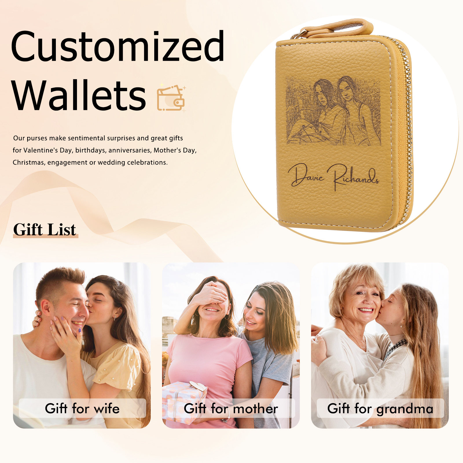 Custom Purse-Personalised Photo Quality Leather Zipper Wallet Custom Text Wallet Gift for Her